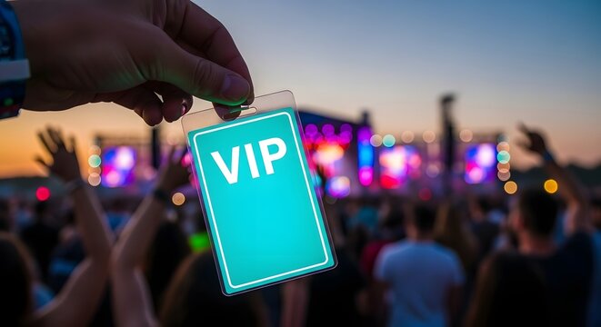 Vip pass held up at a music festival with crowd and stage lights