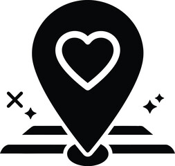 A black and white illustration of a map pin with a heart inside, symbolizing a favorite location or destination.