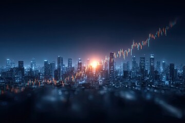 Digital Financial Growth Over a Futuristic Cityscape at Night with Upward Trend Graph and Glowing Lights