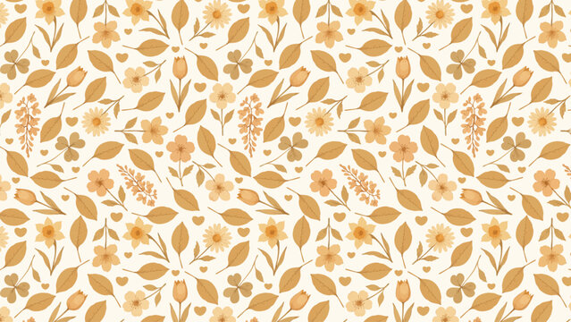 Seamless pattern vector of dried flowers and leaves in warm pastel tones, perfect for spring-themed designs, fabric prints, wrapping paper, and backgrounds.