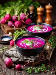 Delicious beetroot soup garnished with herbs yogurt surrounded fresh vegetables