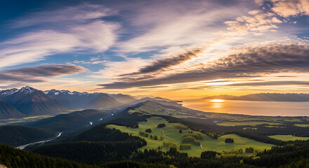 Fototapeta premium Golden hour panoramic landscape view of the mountains and lake, capturing the essence of serenity and natural beauty at dusk