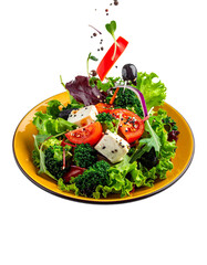 Fresh vegetable salad splash isolated on white background