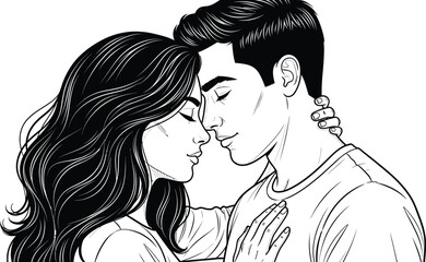 Black and white line art illustration of a loving couple embracing tenderly, with their heads touching and eyes closed in a moment of affection.