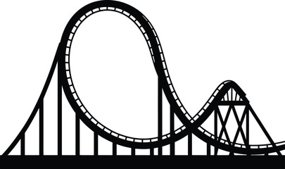 Black roller coaster illustration with looping track on transparent background silhouette