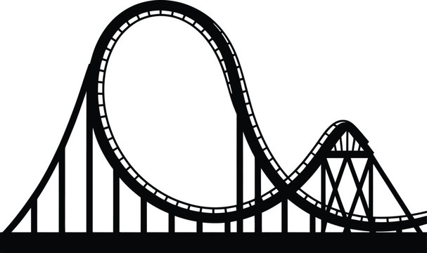 Black roller coaster illustration with looping track on transparent background silhouette