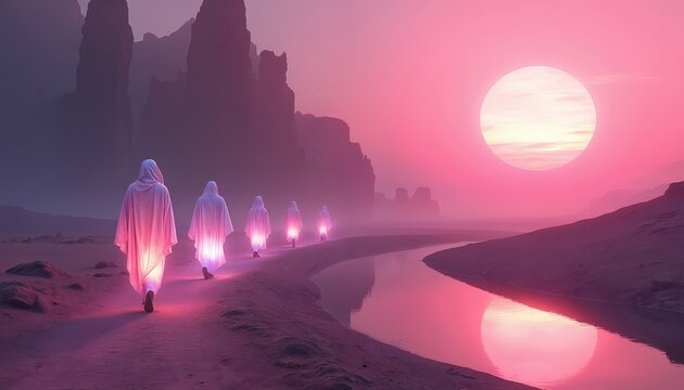 Glowing figures walk near water in desert. Pink sky, large sun overhead. Mysterious beings move through landscape. Ethereal, surreal, mystical journey begins. Dreamlike fantasy scene unfolds.