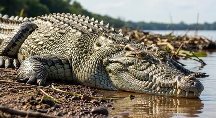 Obraz premium A West African crocodile resting on the shore of a river.