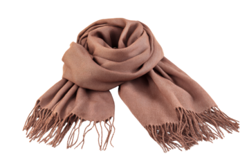 A brown scarf with fringe is laying on a white background. The scarf is made of a soft material and has a warm, cozy appearance, png