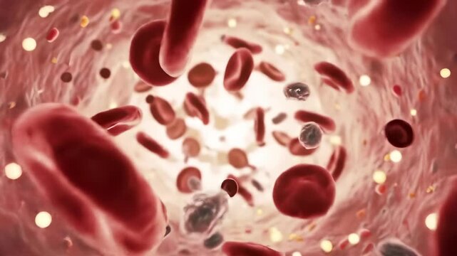 Dynamic blood circulation featuring flowing red and white blood cells alongside platelets within a microscopic artery, vital for human health and biological systems.