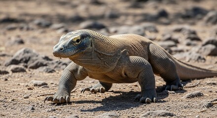 Komodo dragon walking on dry ground in Komodo National Park, Indonesia.
