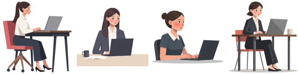 Four illustrated women working on laptops in various professional settings, each showcasing different poses and outfits.