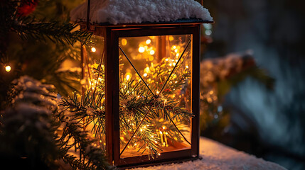 Cozy lantern glowing in snow with warm festive lights