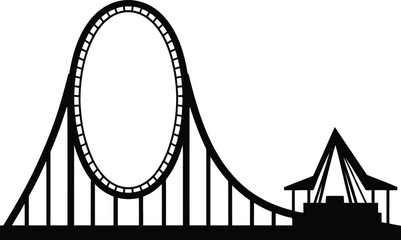 Black roller coaster illustration with looping track on transparent background silhouette