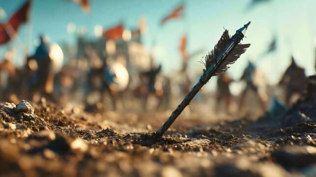 A close-up of an arrow's fletching on a battlefield, the aftermath of a medieval or ancient archery attack, a concept of war, history, and the consequences of battle, an army in the background.

