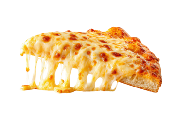 A slice of pizza with melted cheese on it. The cheese is dripping out of the slice, creating a delicious and tempting sight. The pizza is cut in half, revealing the gooey cheese underneath, png