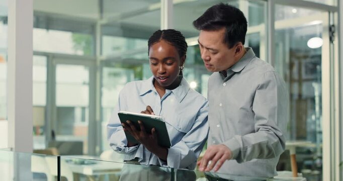 Collaboration, business people or talking with tablet for budget review, feedback or strategy change. Teamwork, man and woman with tech, investment decision or proposal discussion for company capital