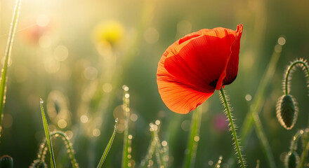 Fototapeta premium Poppy Flower Sunlight Dew Drops Green Field Springtime Floral Meadow Countryside