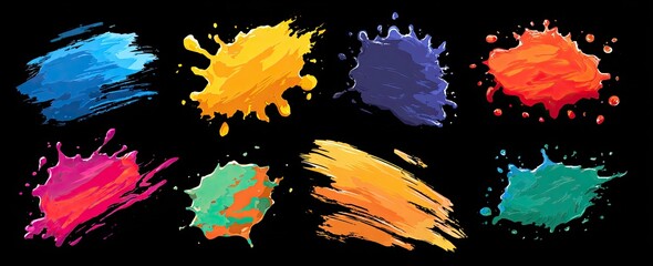 Colorful paint splatters and brushstrokes on black background