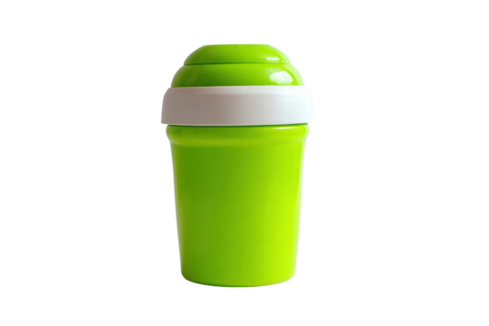 A green cup with a white lid sits on a white background. The cup is empty and has a white handle, png