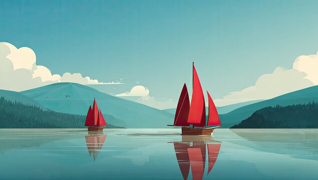 Two red sailboats on a tranquil lake, mountains in the background