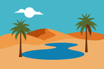 Illustration of desert oasis with palms and cloud