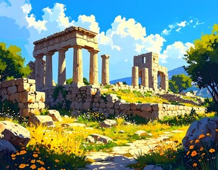 Sun-drenched ancient ruins, vibrant wildflowers, and a clear sky.  A path winds through a landscape of weathered stones and ancient pillars