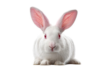 Obraz premium A white rabbit with pink ears is sitting on a white background. The rabbit has red eyes and a pink nose, png