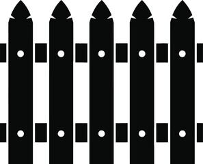 Black wooden picket fence illustration with circular details on transparent background silhouette
