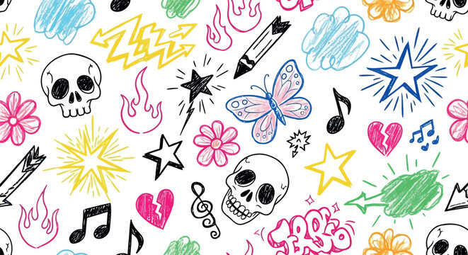 Vector art of seamless pattern of handdrawn doodles including skulls, flames, stars, music notes, and butterflies