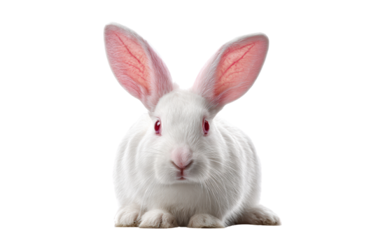 A white rabbit with pink ears is sitting on a white background. The rabbit has red eyes and a pink nose, png