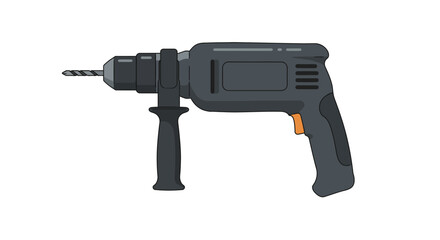 Black cordless power drill with orange button on white background
