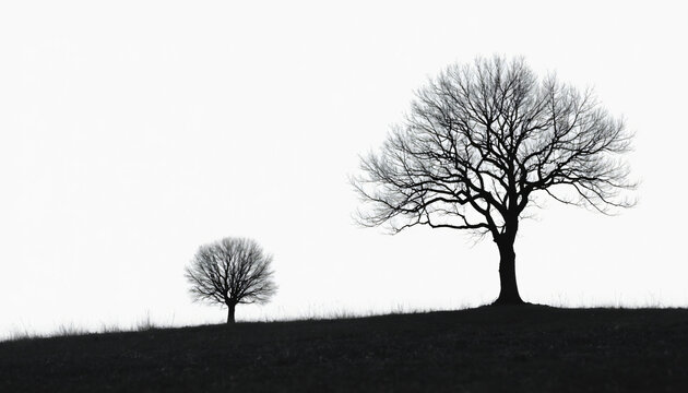 Two bare trees on a hill against a white sky