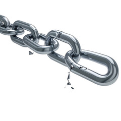 Obraz premium Shiny silver chain, broken in one link, against a stark black background