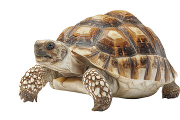 Fototapeta premium A tortoise is standing on a white background. The tortoise is brown and white with a black face, png