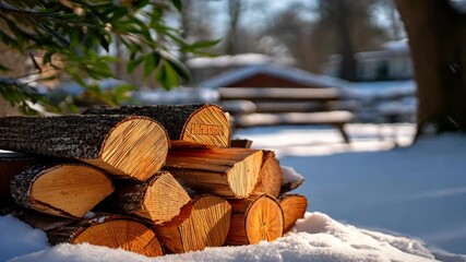 Stacked firewood resting on snow while winter sunlight creates a serene atmosphere in a quiet backyard setting - Powered by Adobe