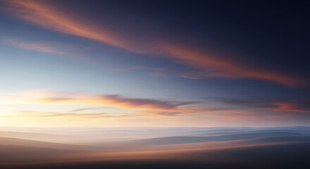 Fototapeta premium Captivating twilight sky with majestic cloud formations, bathed in warm, glowing light, creating a serene and expansive natural spectacle at the horizon, showcasing nature's artistry