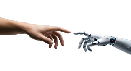 Robot and human hands about to touch, a modern Creation of Adam concept. Isolated on transparent background, png
