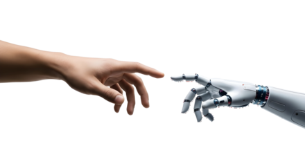 Robot and human hands about to touch, a modern Creation of Adam concept. Isolated on transparent background, png
