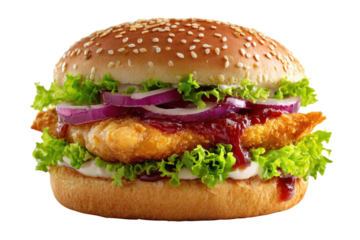 A large hamburger with a lot of meat and onions. The bun is brown and has sesame seeds on it, png