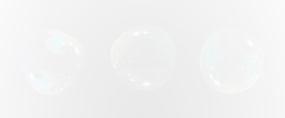 Realistic soap vector bubbles png isolated on transparent background. The effect of falling and flying bubbles. Glass bubble effect.	
