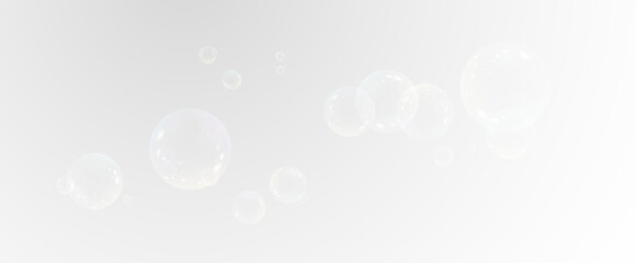 Realistic soap vector bubbles png isolated on transparent background. The effect of falling and flying bubbles. Glass bubble effect.	
