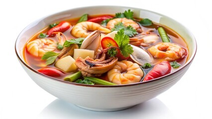Thai noodle soup with shrimp and chicken in a bowl