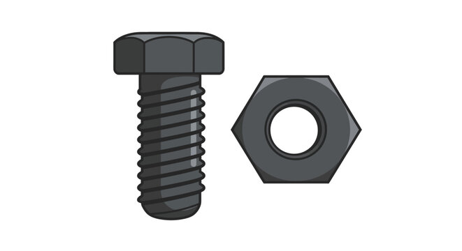 Hexagonal bolt and nut on white background in detailed cartoon style