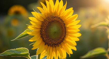 Fototapeta premium Radiant Sunflower in Sunlight Close Up View Macro Shot Isolated Against Greenery