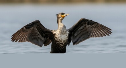 Fototapeta premium Cormorant spreading its wings to dry in the sun on a lake.