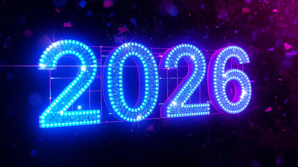 Bright 2026 neon sign glowing in night celebration