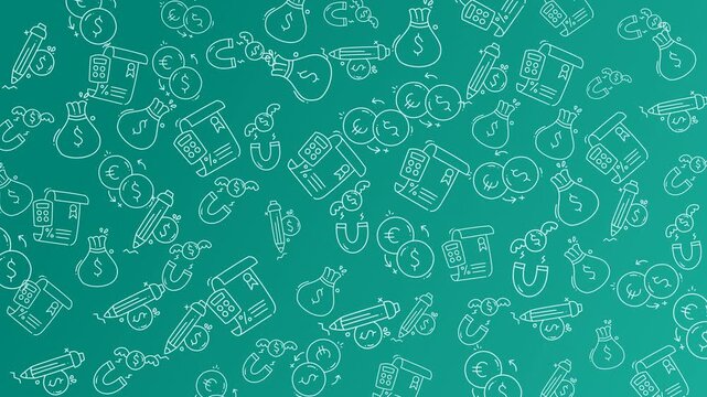 Finance pattern animation with white money and document doodles on vibrant green background. Suitable for financial presentations, videos, and designs.