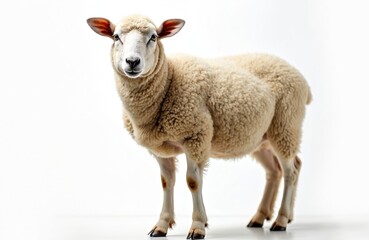 Fototapeta premium Cream sheep stands on white background. This farm animal has fluffy wool. It looks directly at camera. The neutral backdrop isolates the animal.