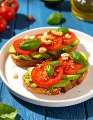 Two avocado toast sandwiches, topped with sliced tomatoes, basil, and cashews
